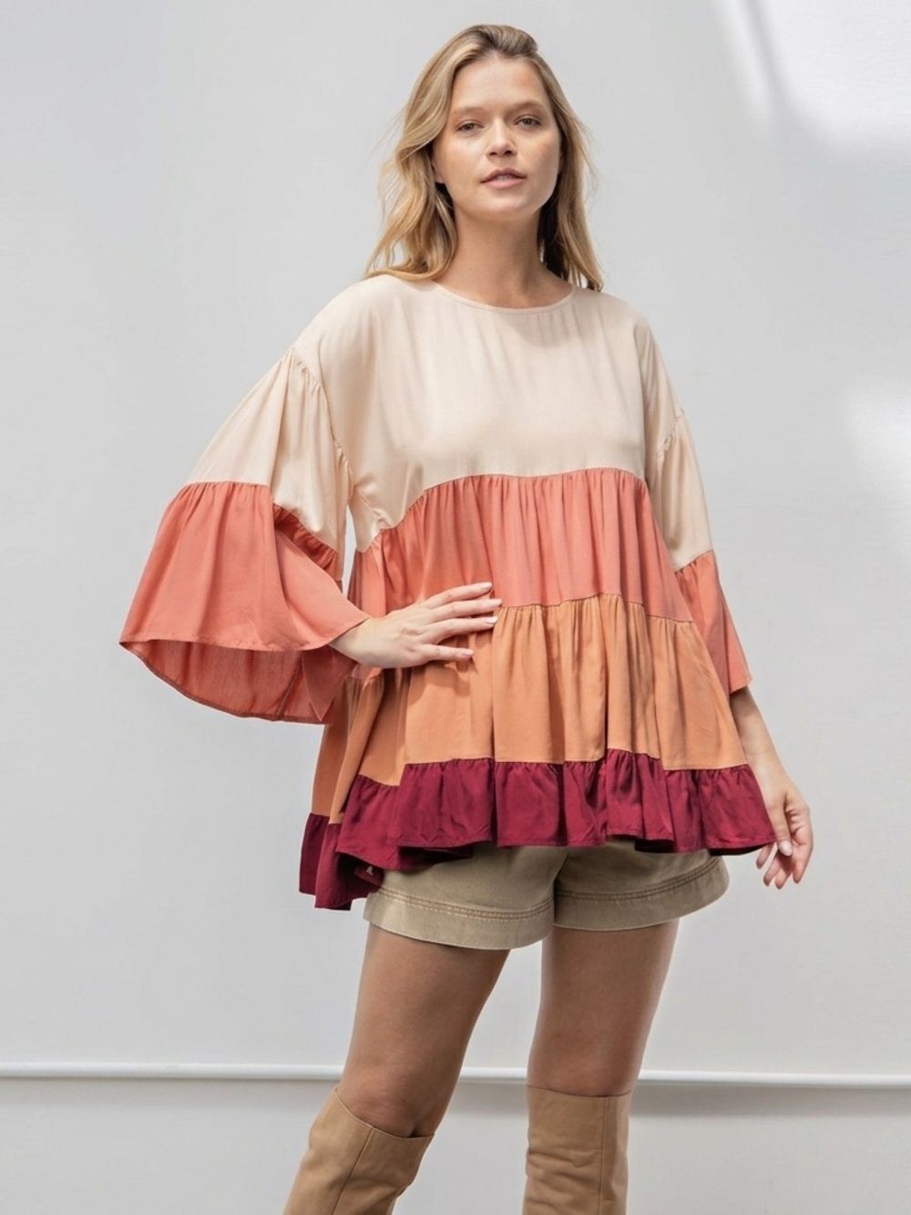 Easel‎ Tiered Ruffle Peasant Blouse Small Beige Rust Maroon Colorblock Top Size